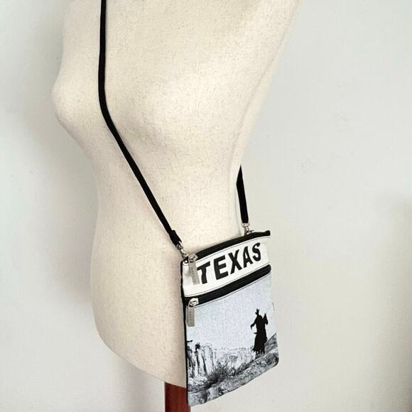 Robin Ruth Texas Crossbody Bag Black & White Cowboy Horse Graphic Travel Purse - Picture 1 of 8